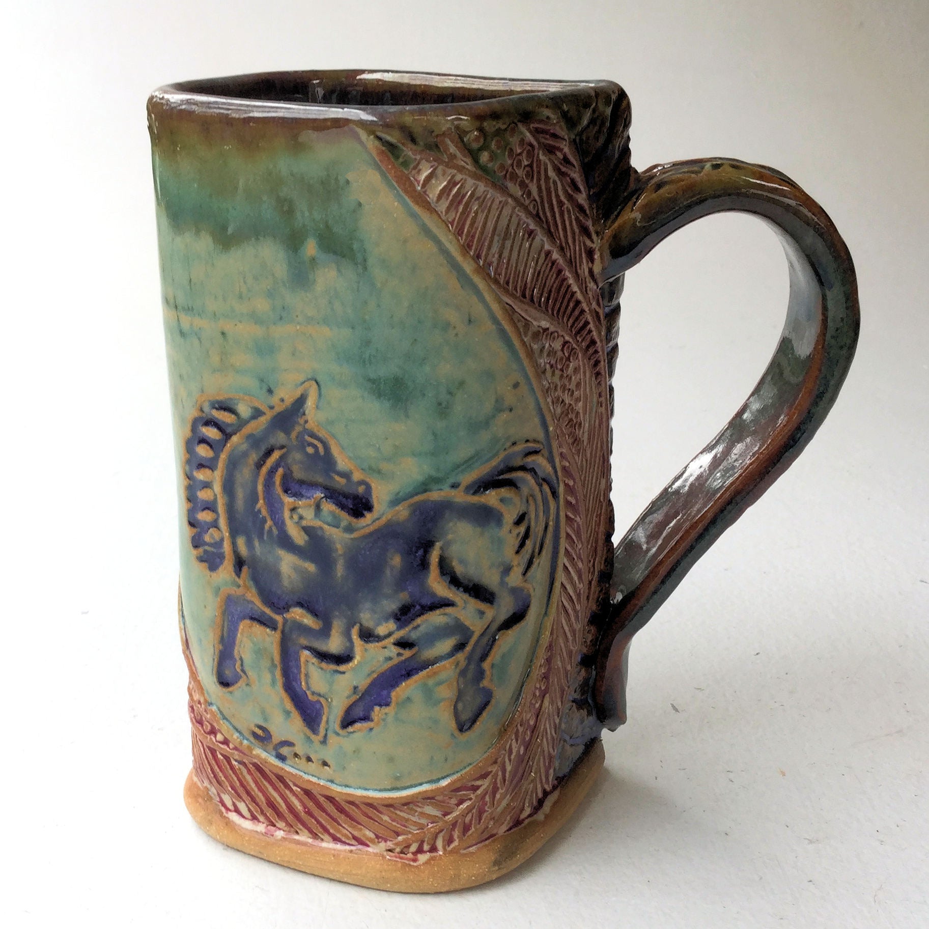 Horse Pottery Mug Coffee Cup Handmade Stoneware Tableware 16 oz