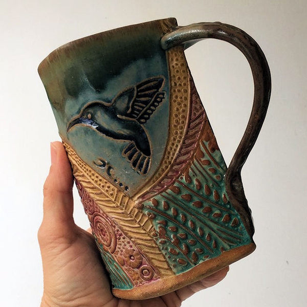 Hummingbird Pottery Mug Coffee Cup Handmade Functional Tableware 16 oz