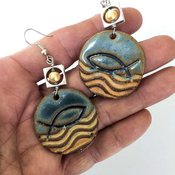 Ichthys Symbol Earrings hand-made stoneware beads