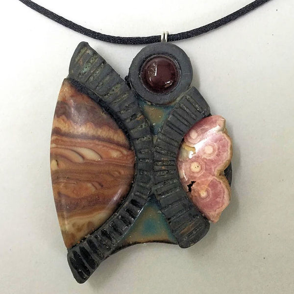 Rhodochrosite and Rolling Hills Dolomite Clay Pendant with Carnelian Accent Cabachon