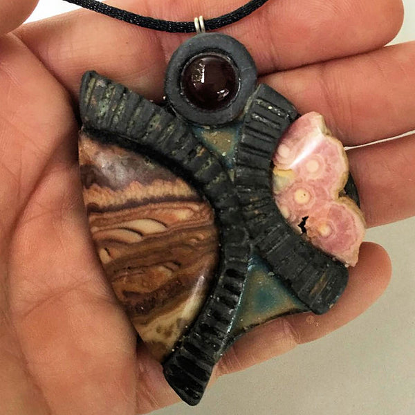 Rhodochrosite and Rolling Hills Dolomite Clay Pendant with Carnelian Accent Cabachon