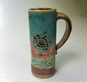 Sea Turtle Handmade Coffee Mug Fits in Car Holder 14 oz