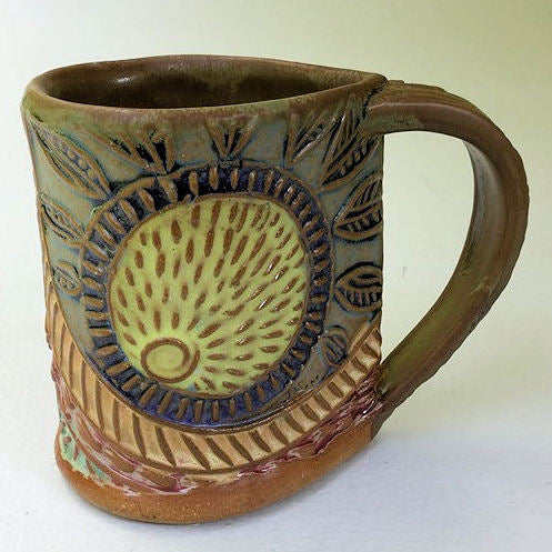 Sun Pottery Mug Coffee Cup Handmade Textural Design Functional Tableware  12 oz