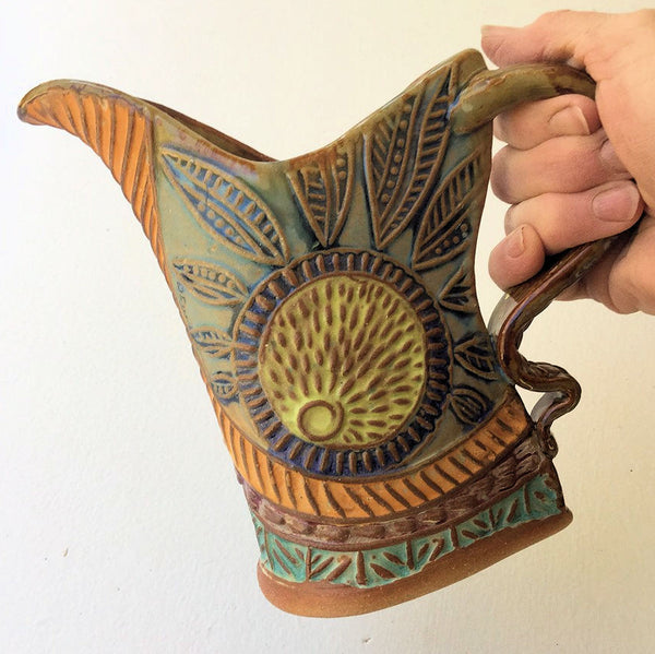 Sun Design Pottery Pitcher Hand Made Microwave and Dishwasher Safe