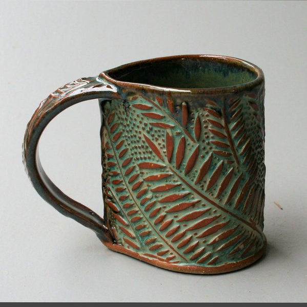 Tropical Foliage Pottery Mug Selloum Philodendron Coffee Cup Fern Handmade 12 oz