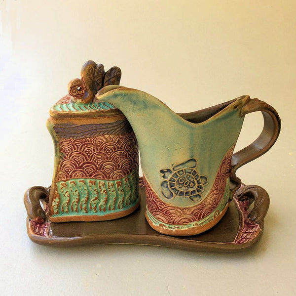 Cream and Sugar Set Sea Turtle Design Pottery Handmade Functional Tableware