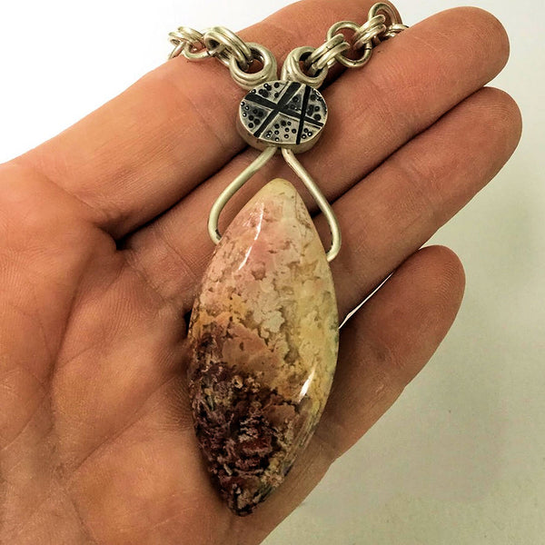 Varisite and feather ridge plume agate with hand made sterling silver chain