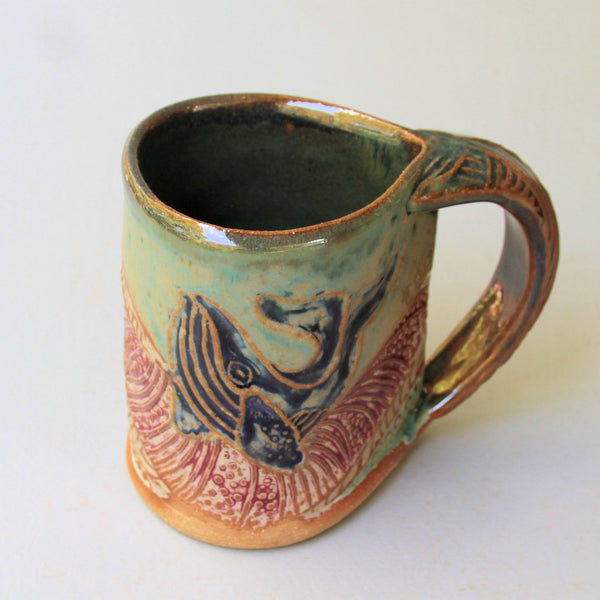 Whale Pottery Mug Coffee Cup Handmade Textural Design Functional Tableware  12 oz