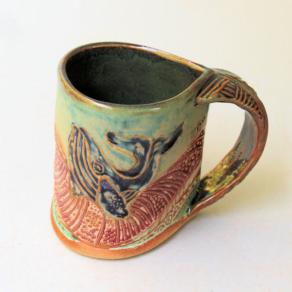 Whale Pottery Mug Coffee Cup Handmade Textural Design Functional Tableware  12 oz
