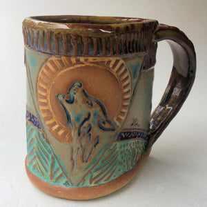 Wolf and Moon Pottery Mug Coffee Cup Handmade Textural Design Functional Tableware  12 oz