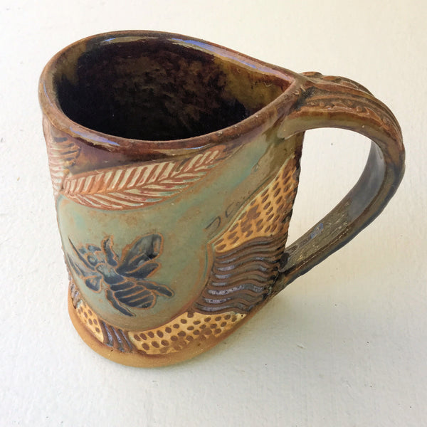 Bee Pottery Mug Coffee Cup Handmade Textural Design Functional Tableware  12 oz