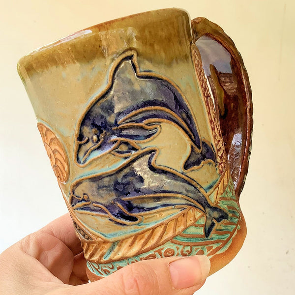 Dolphin Pottery Mug Coffee Cup Handmade Textural Design Functional Tableware  12 oz