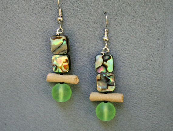 Earrings with hand-made stoneware beads. Surgical steel ear-wire, frosted glass and shell beads