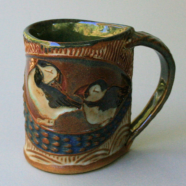Puffin Mug, Handmade Pottery Puffin Mug Clay Coffee Cup 12 oz