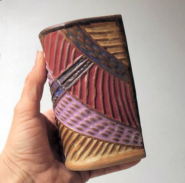 Abstract Pottery Cup Handmade Textural Design Functional Tableware  8 oz